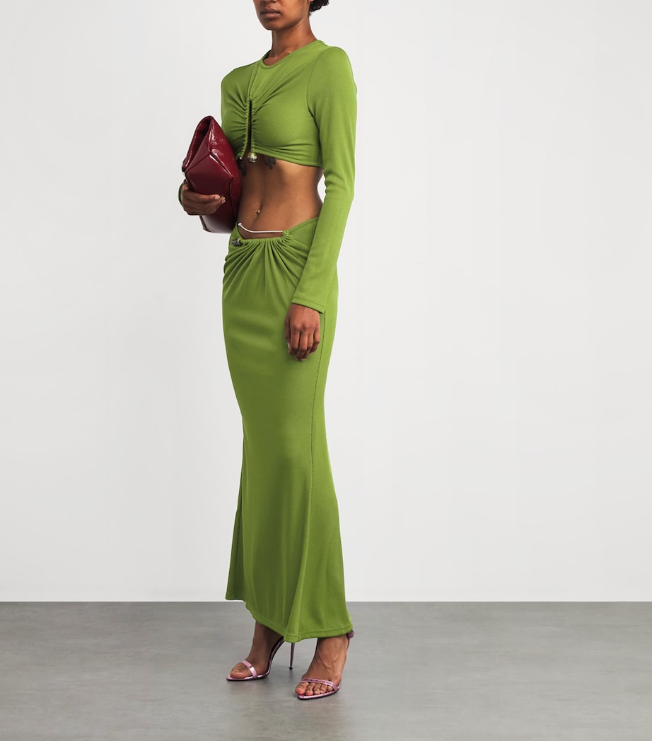 Green Pin-Gathered Maxi Skirt