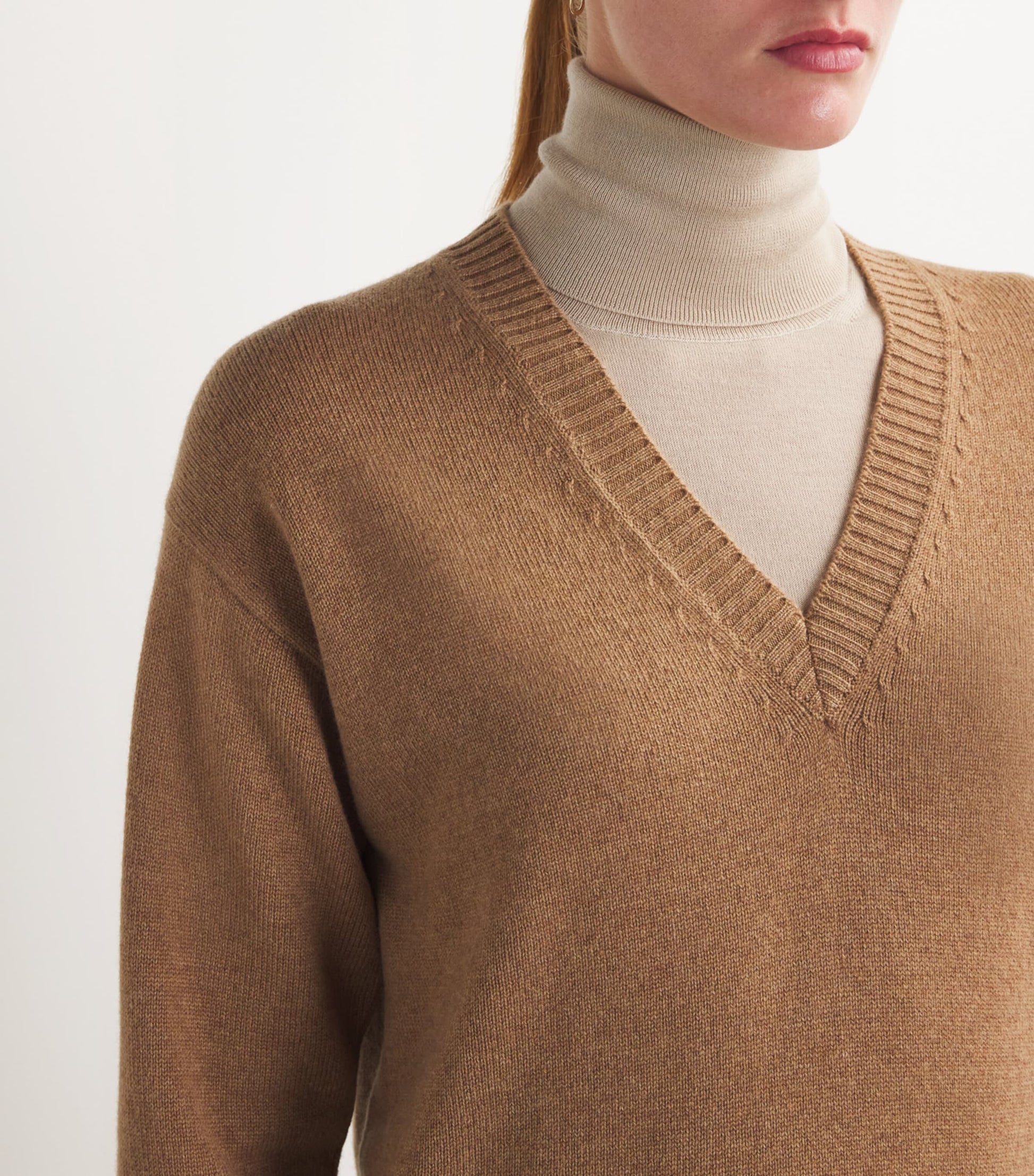 Beige Cashmere V-Neck Sweater