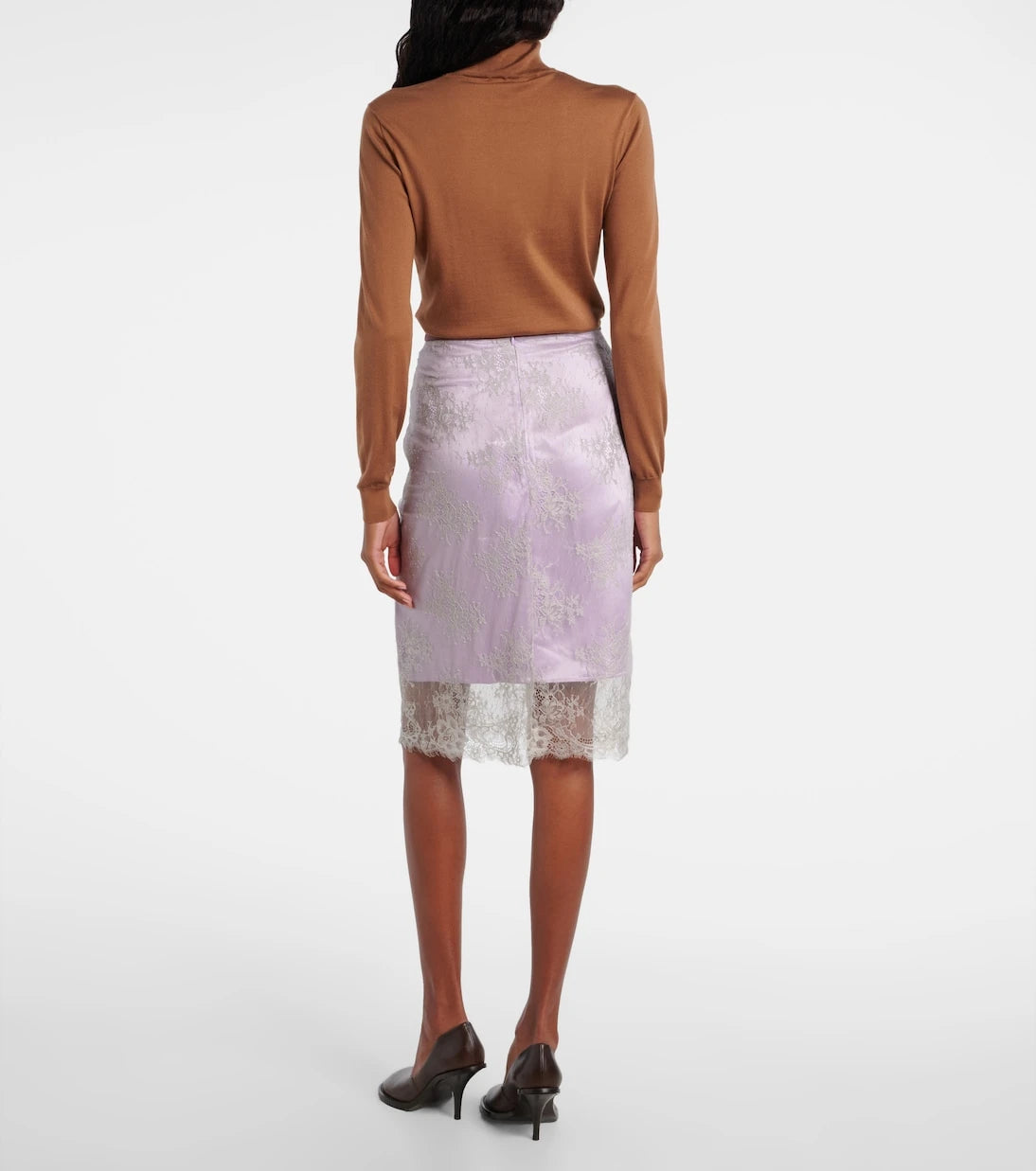 Jacques Wei - Embroidered leather-trimmed lace midi skirt