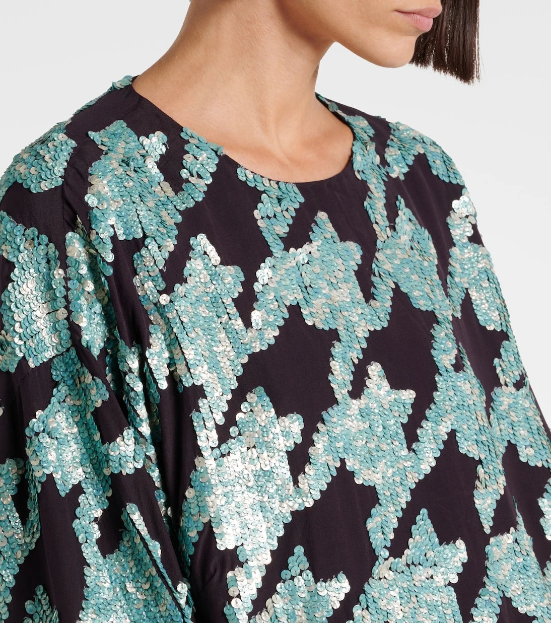 Dries Van Noten - سويت شيرت حرير بنقشة الكاروهات المُرَصَّعة بالترتر