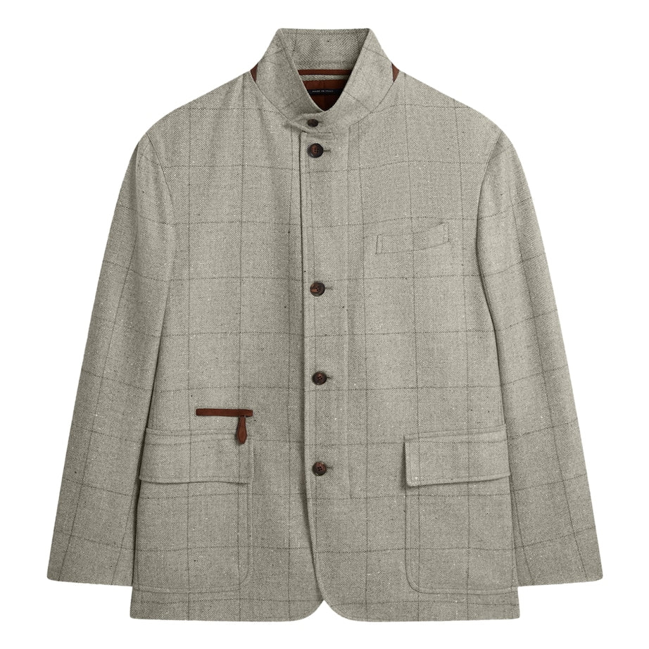 Grey Wool-Silk Herringbone Travel Jacket