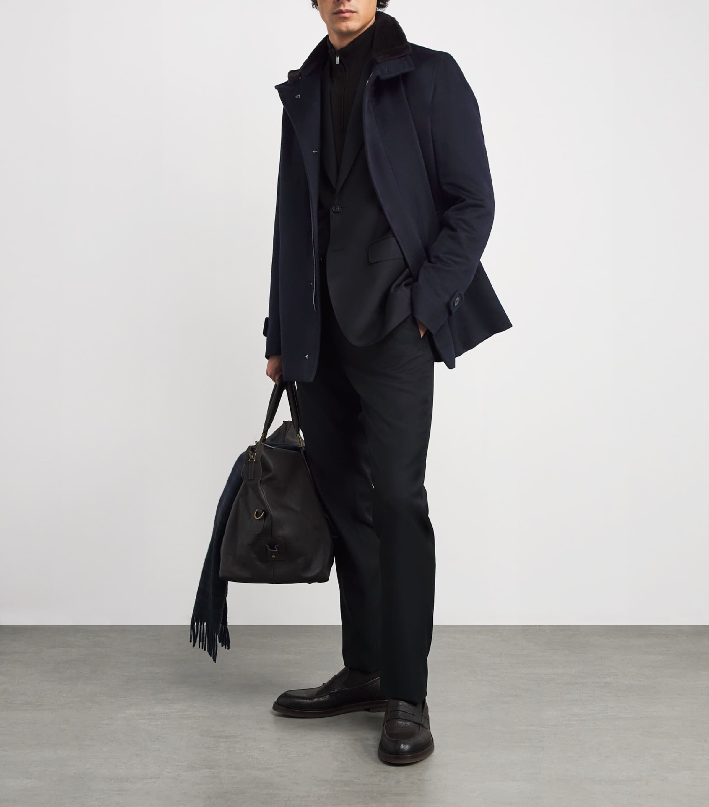 Navy Cashmere Shearling-Trim Car Coat