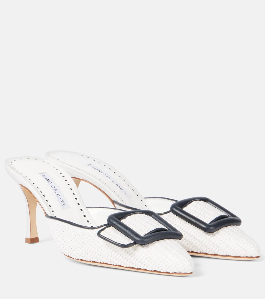 Manolo Blahnik - Maysale 70 leather-trimmed raffia mules