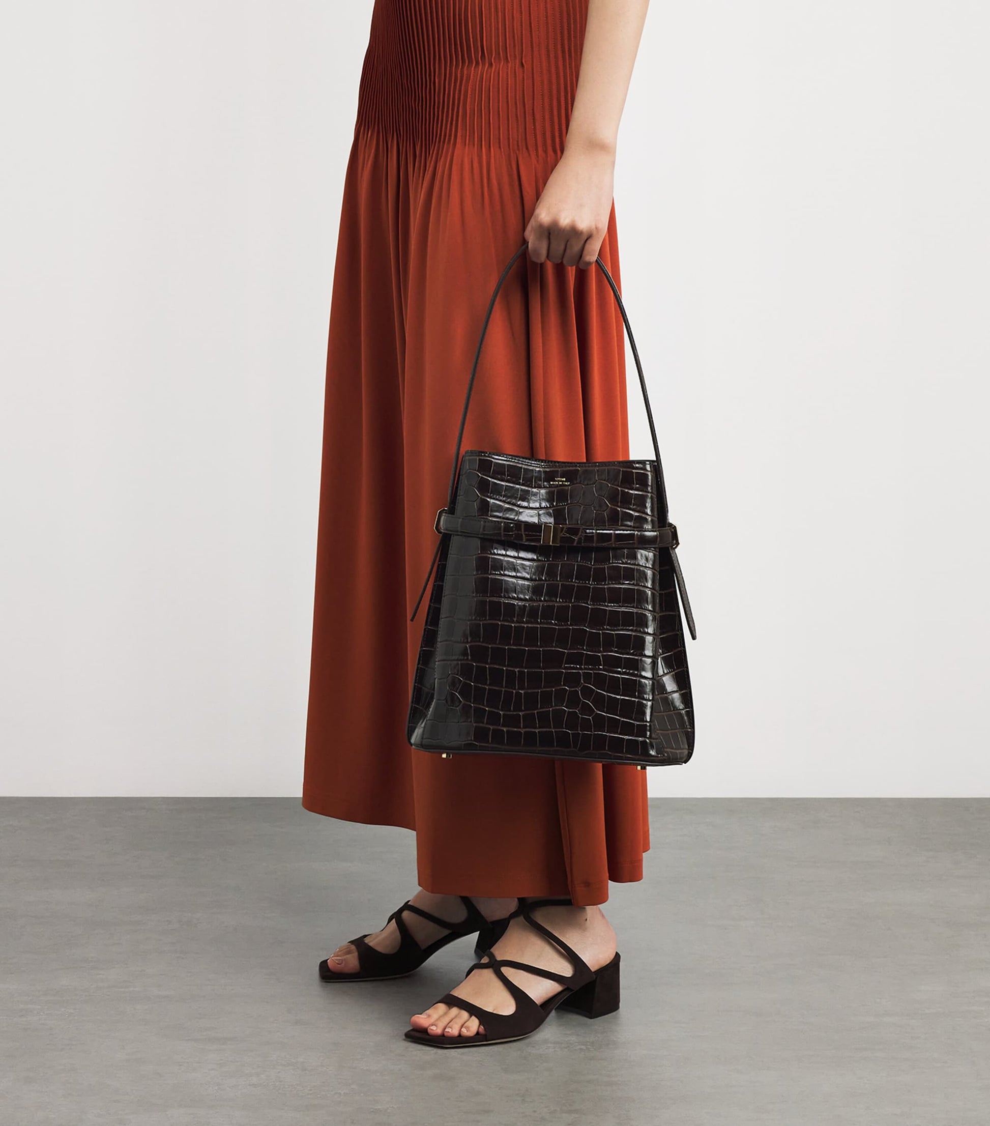 Toteme Brown Leather Croc-Embossed Bucket Shoulder Bag