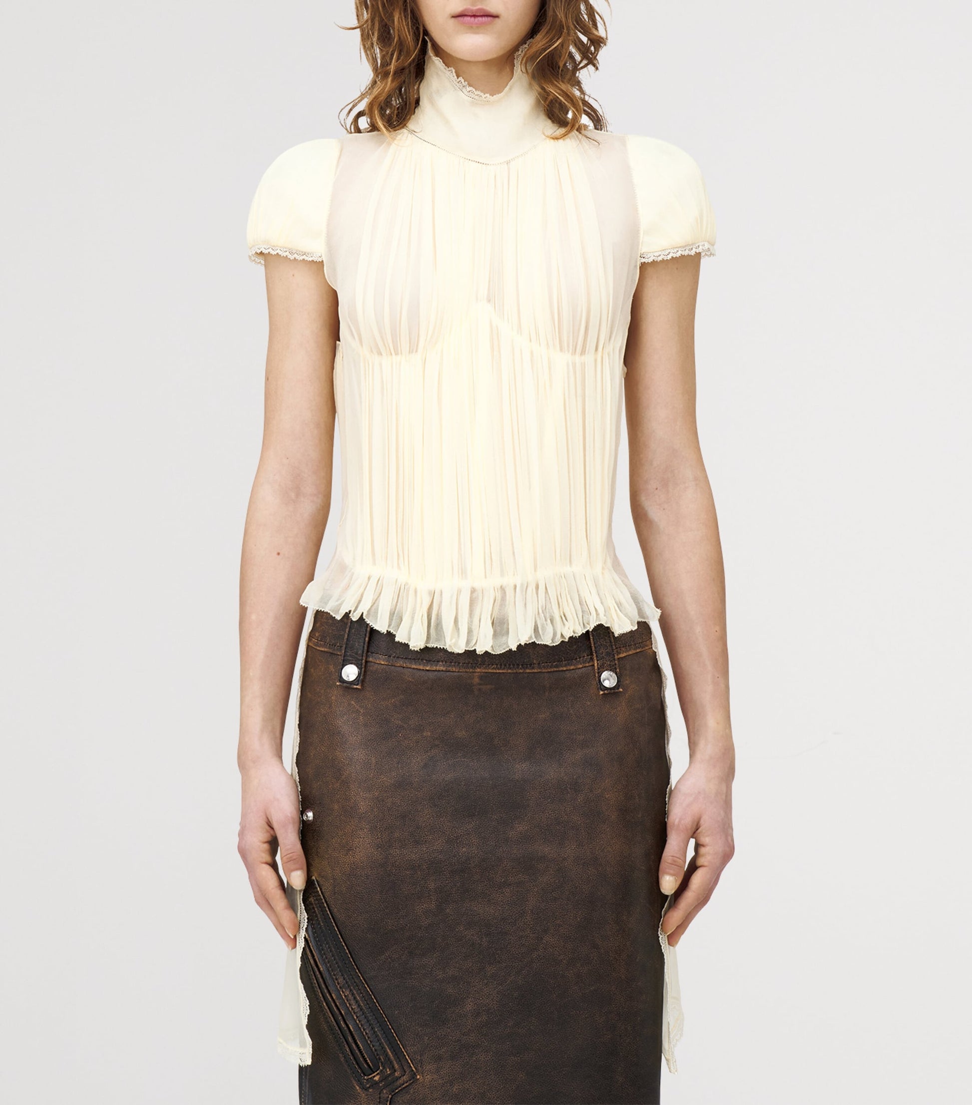 Gold Silk Chiffon Pleated Top