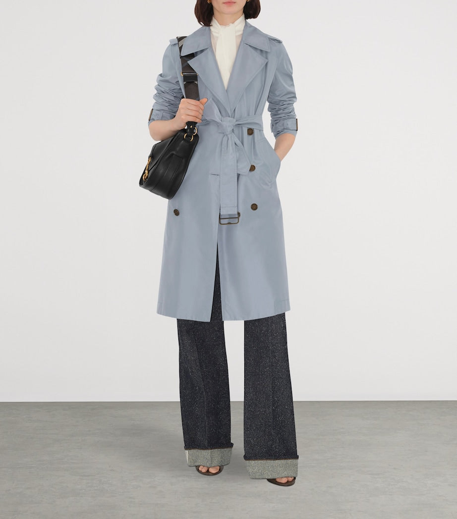 Blue Silk Poplin Long Trench Coat