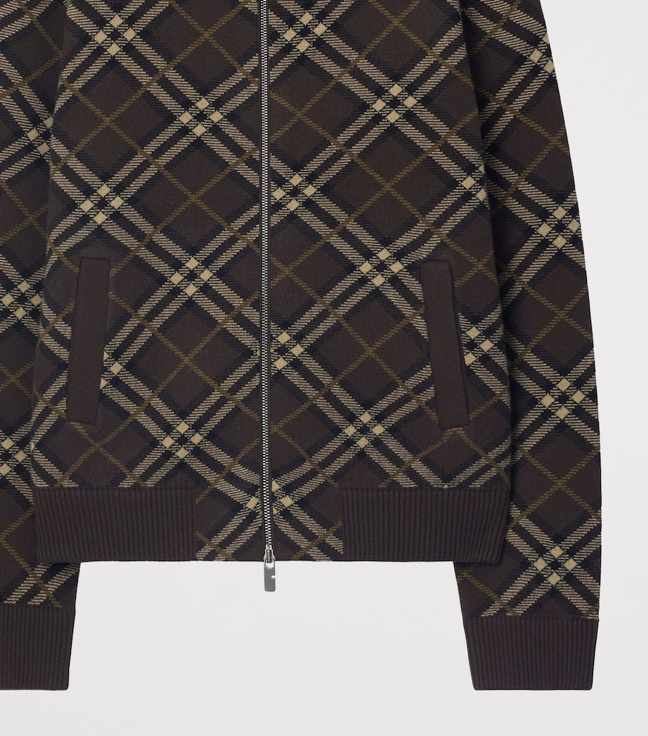 Brown Wool-Blend Check Bomber Jacket
