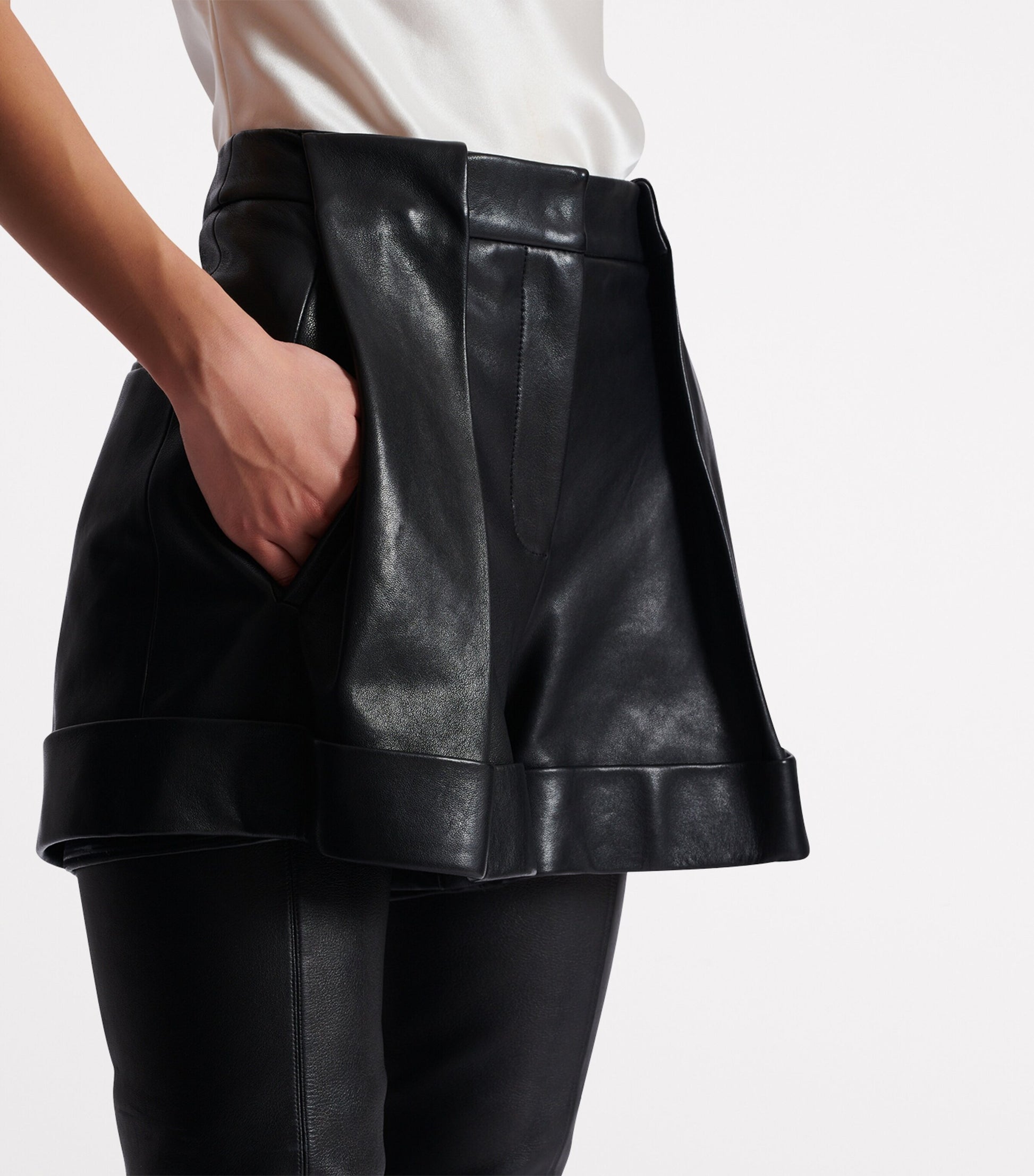 Balmain Black Lambskin Pleated Shorts