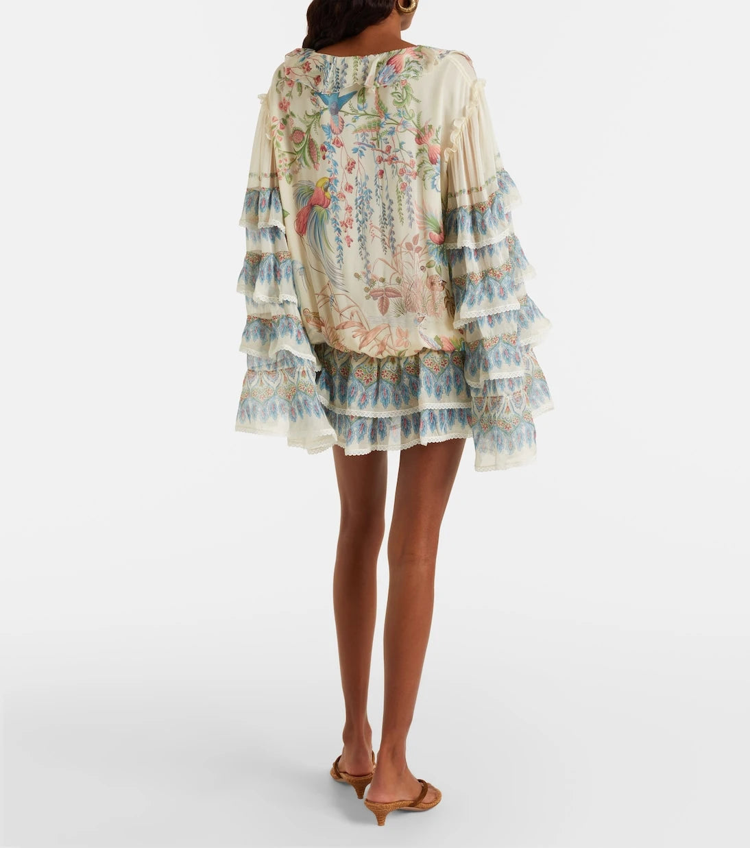 Etro - Printed ruffled lace-trimmed silk minidress