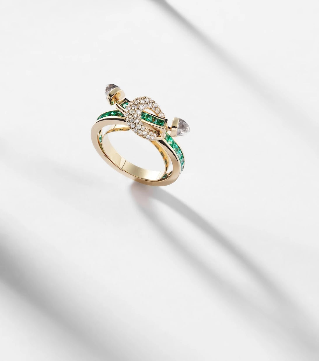 Ananya - Chakra 18kt gold ring with emeralds and gemstones