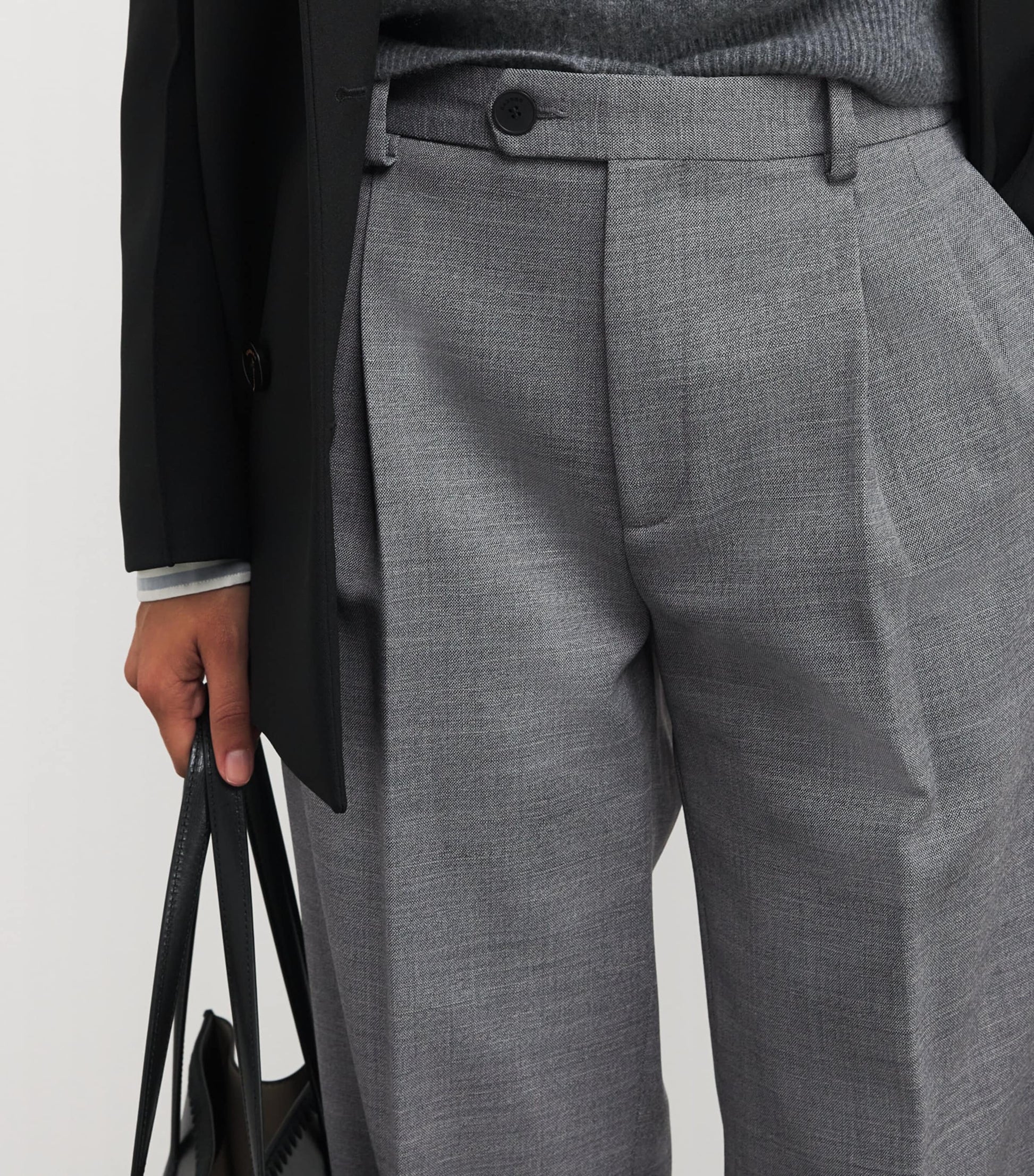 Black Wool-Blend Straight Trousers