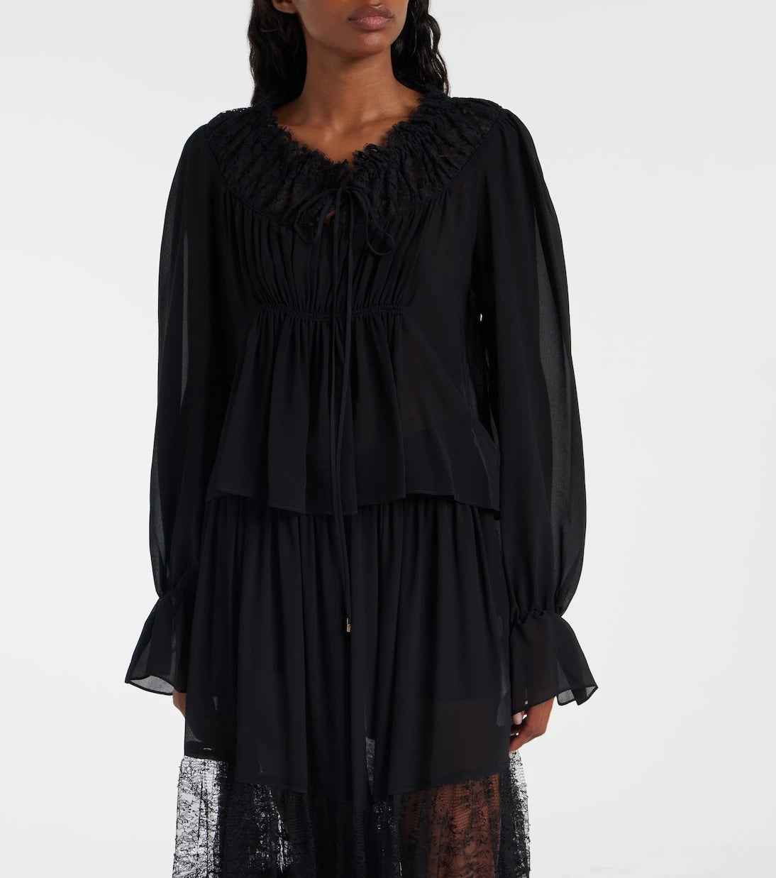 Chloé - Gathered lace-trimmed silk georgette blouse
