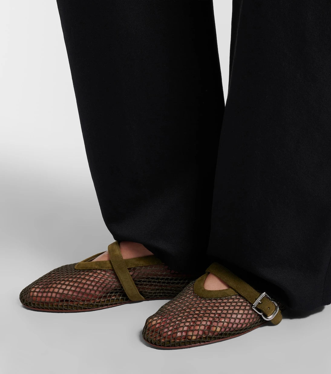 Alaïa - Fishnet suede-trimmed Mary Jane flats