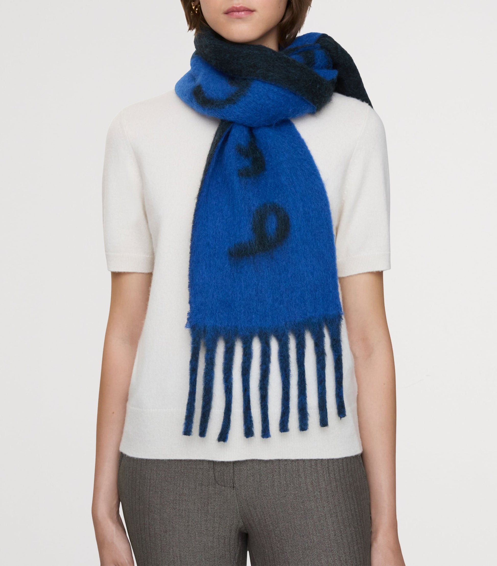 Blue Alpaca-Blend Reversible Logo Scarf