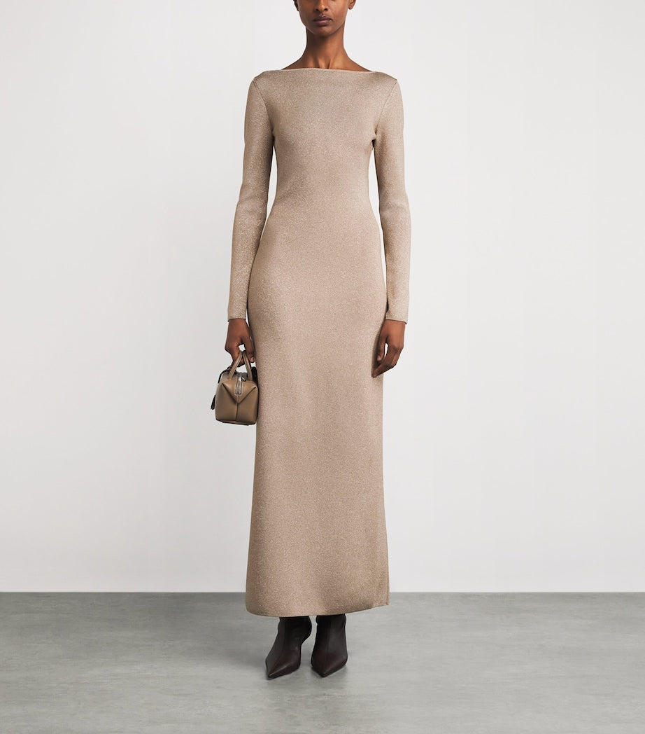 Max Mara Beige Metallic-Knit Maxi Dress