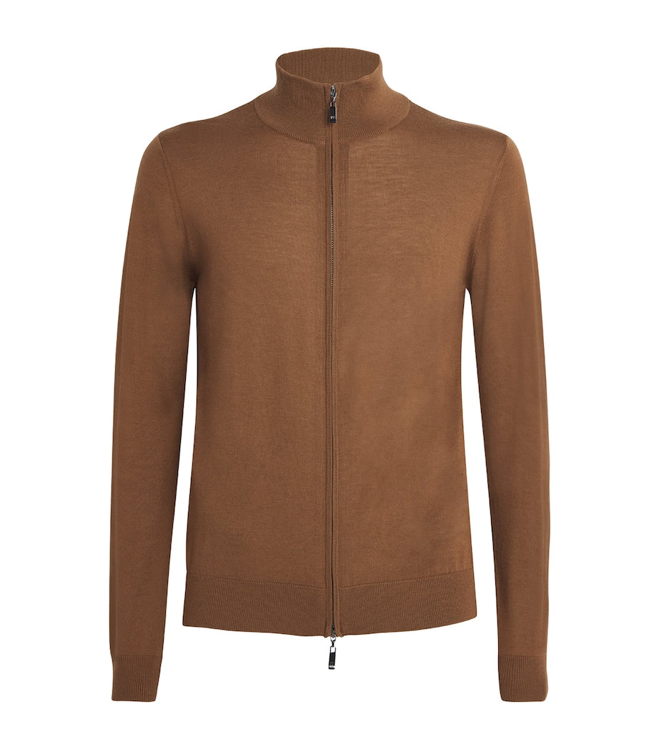 Pal Zileri Brown Wool Zip-Up Cardigan