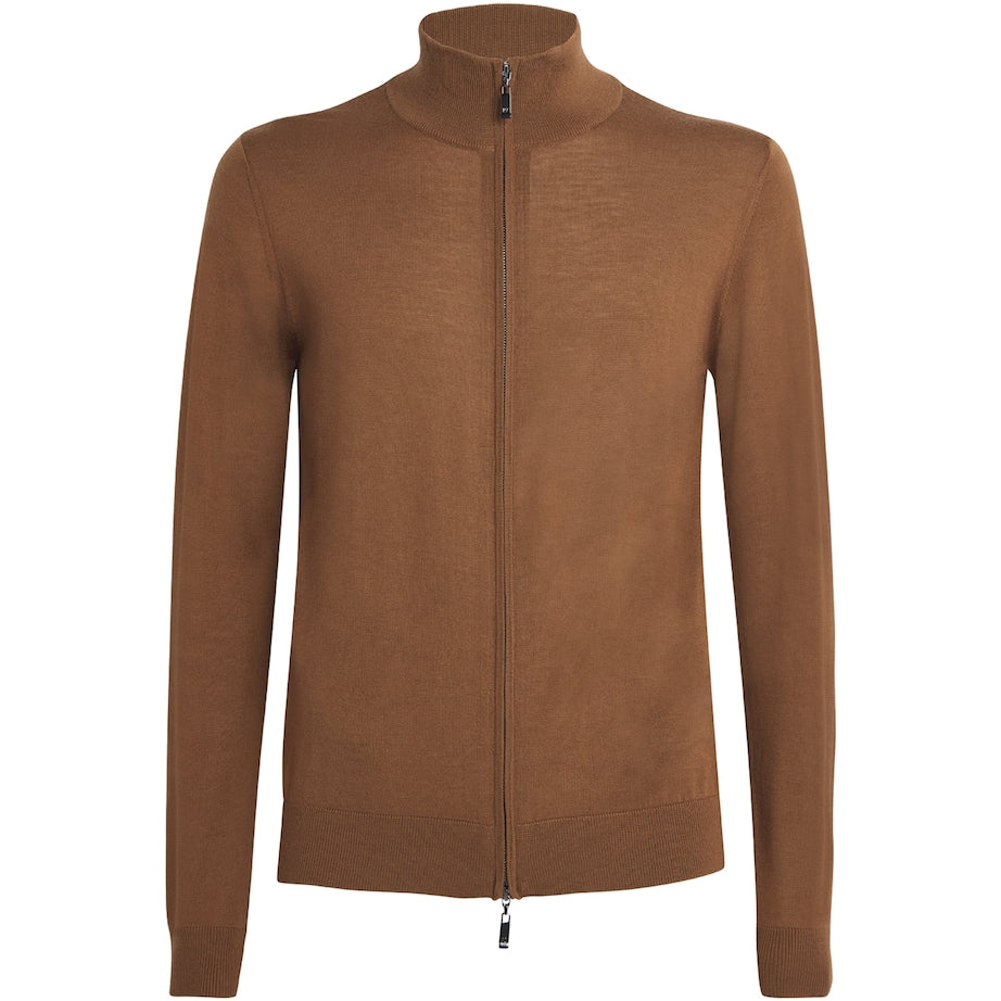 Pal Zileri Brown Wool Zip-Up Cardigan