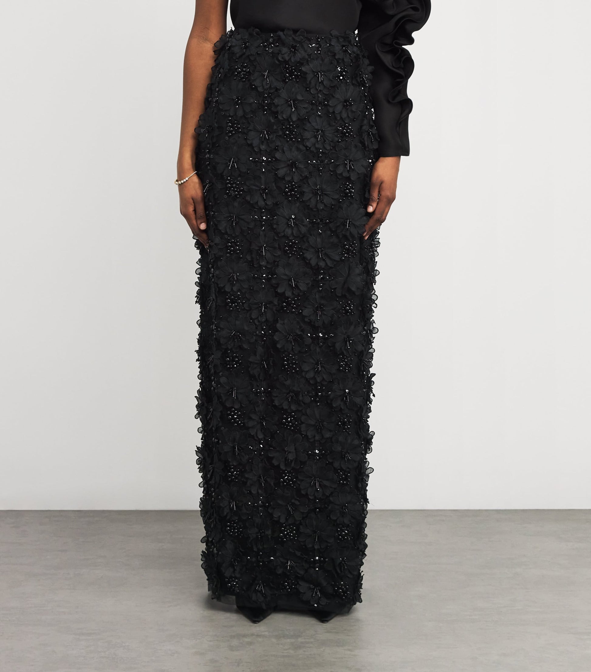 Carolina Herrera Black Floral Embellished Maxi Skirt