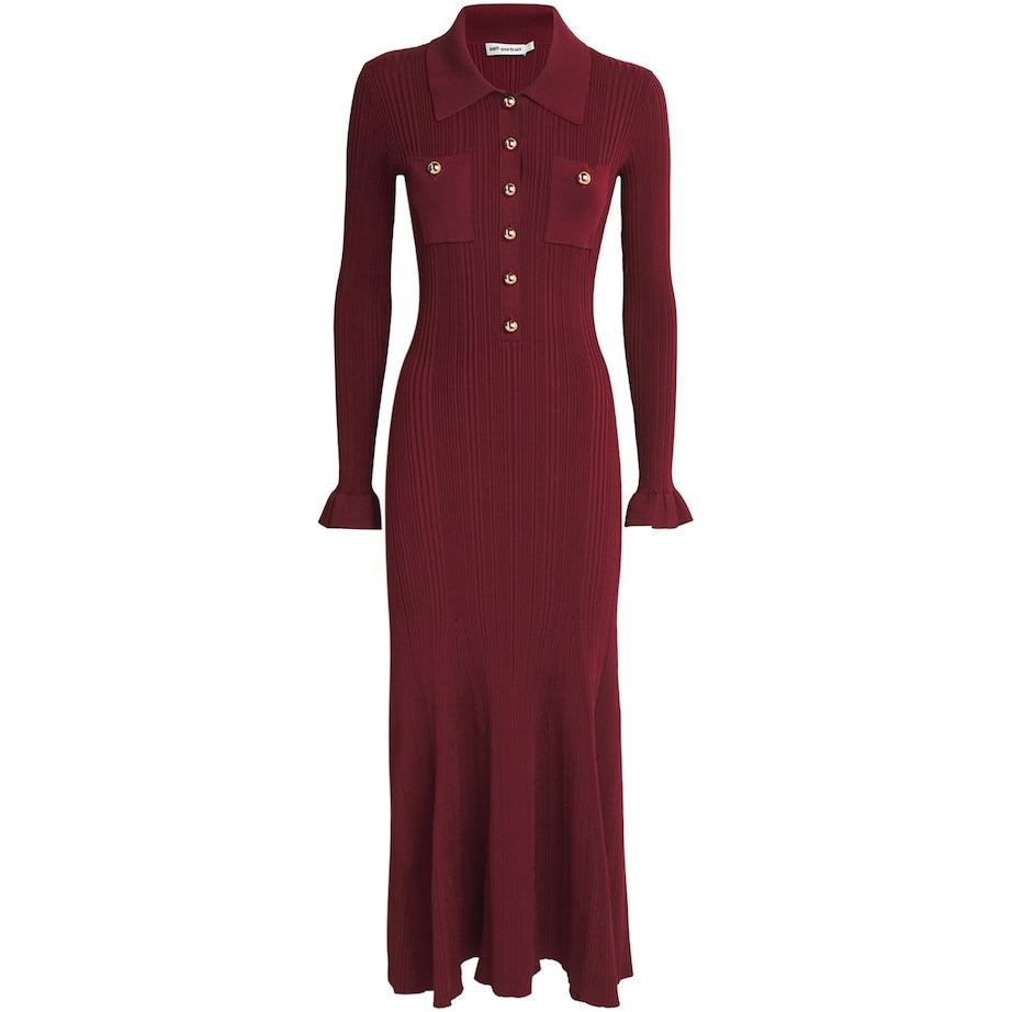 Self-Portrait Burgundy Rib-Knit Midi Dress