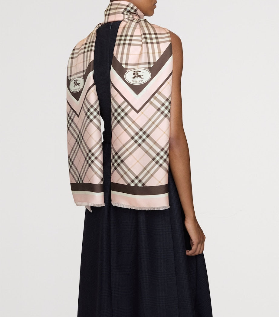 Burberry Pink Silk Check Knight Motif Scarf