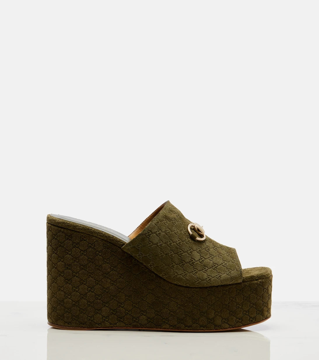 Gucci - Horsebit GG suede wedge mules