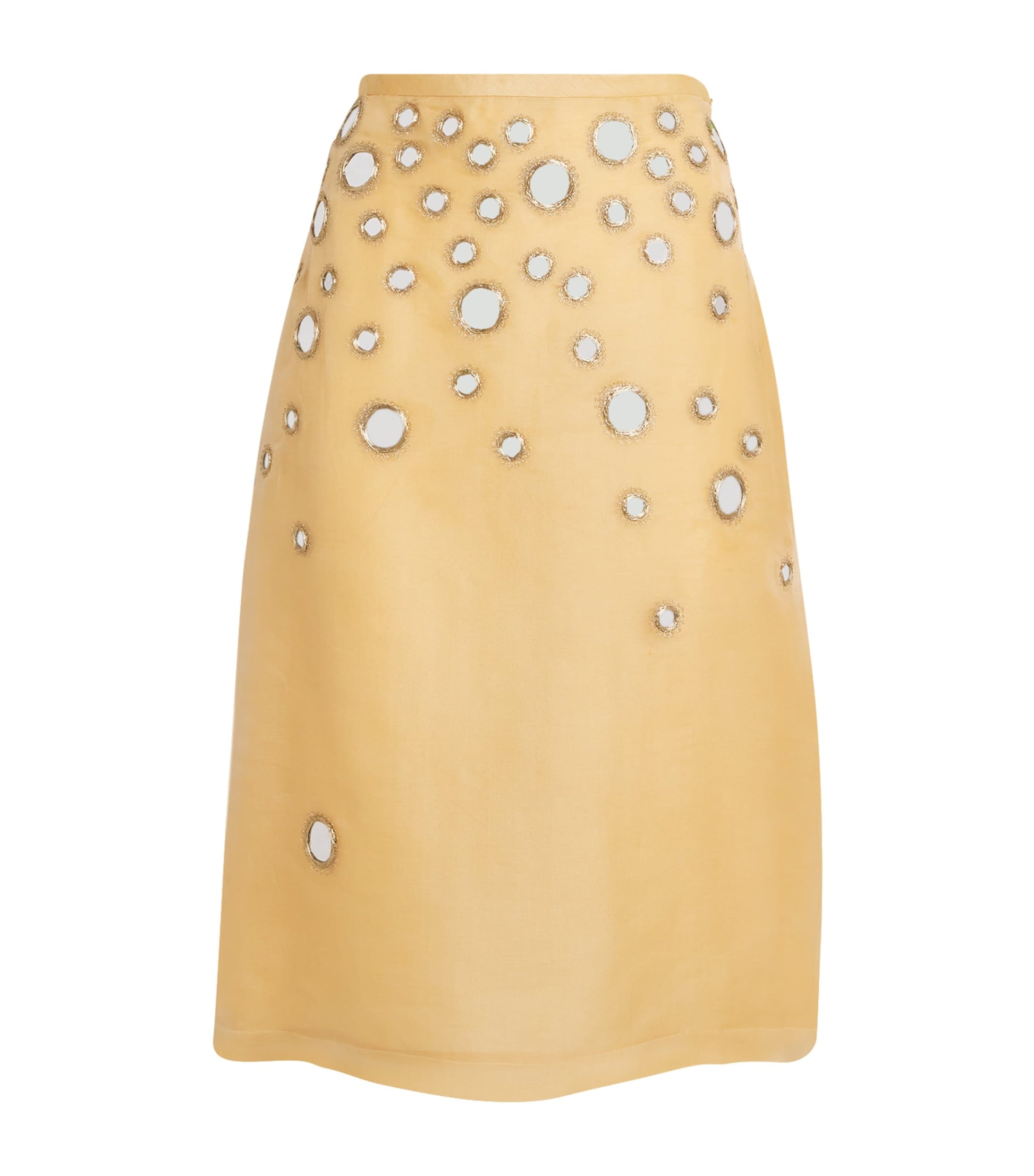 Beige Silk Mirror-Embellished Midi Skirt