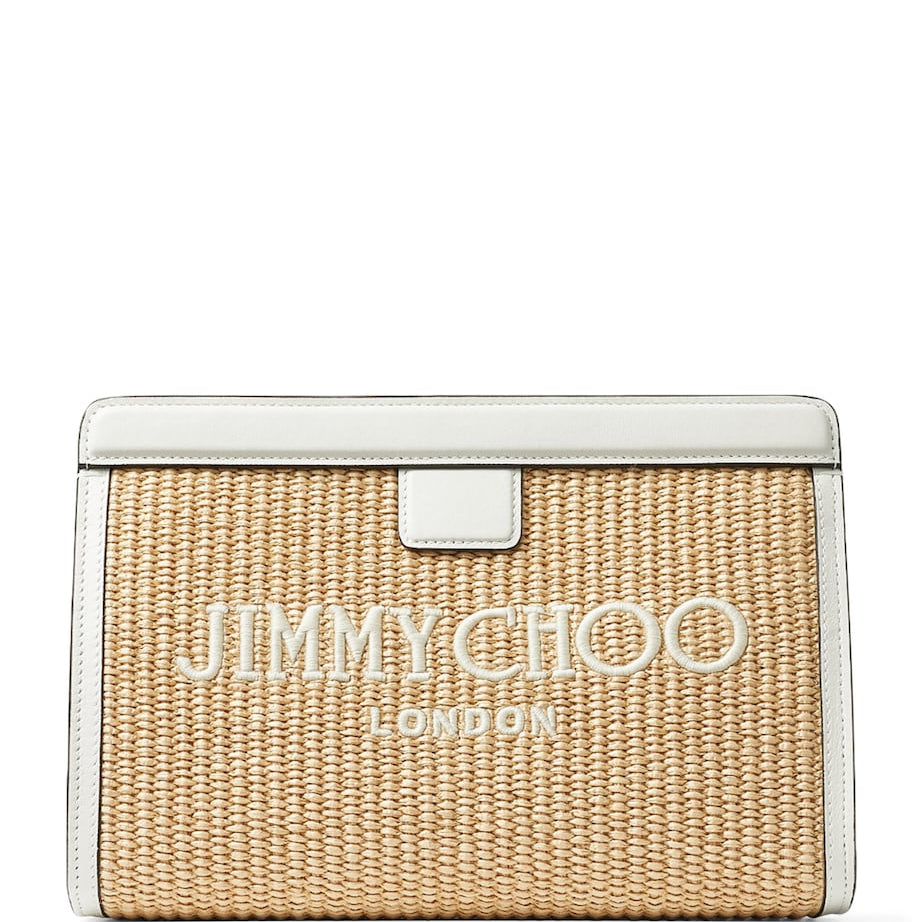 White Raffia Leather-Trim Avenue Pouch