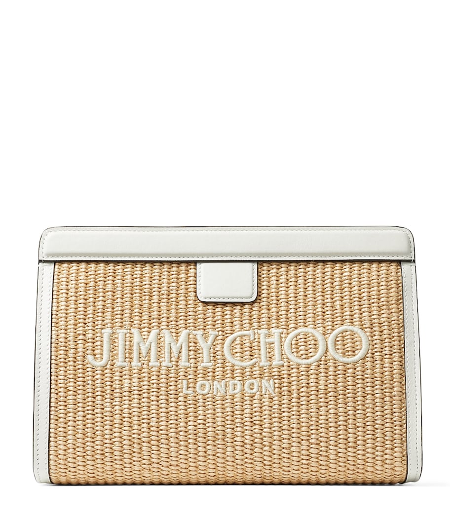White Raffia Leather-Trim Avenue Pouch
