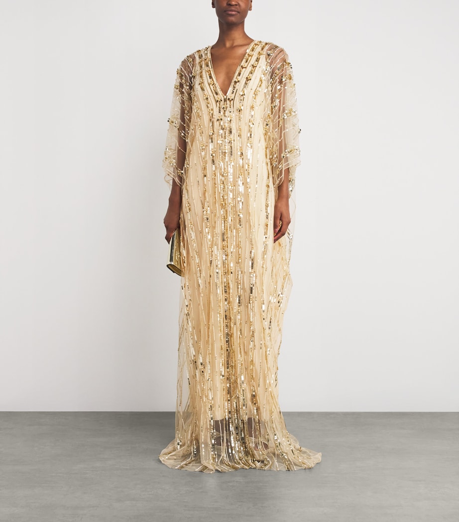 Pamella Roland Gold Tulle Embellished Kaftan Maxi Dress