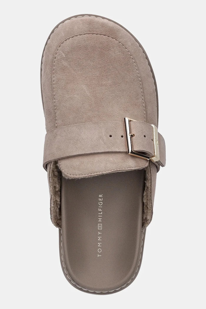 Велурени чехли Tommy Hilfiger TH BUCKLE FUR SUEDE MULE