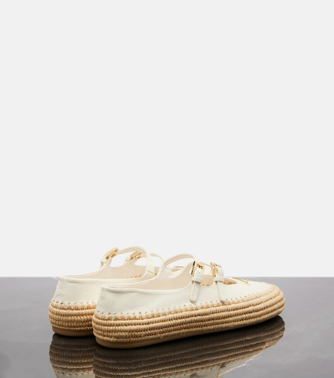 Prada - Leather and raffia Mary Jane flats