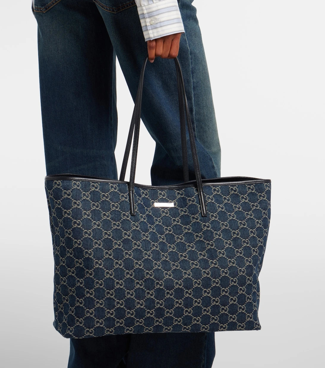 Gucci - Essence Large leather-trimmed denim tote bag