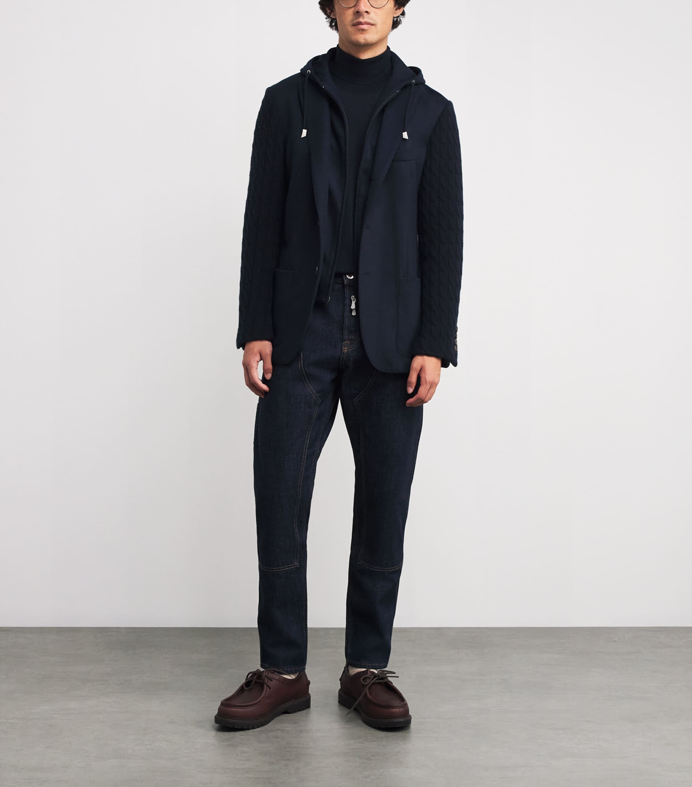 Eleventy Blue Knitted-Sleeve Layered Blazer