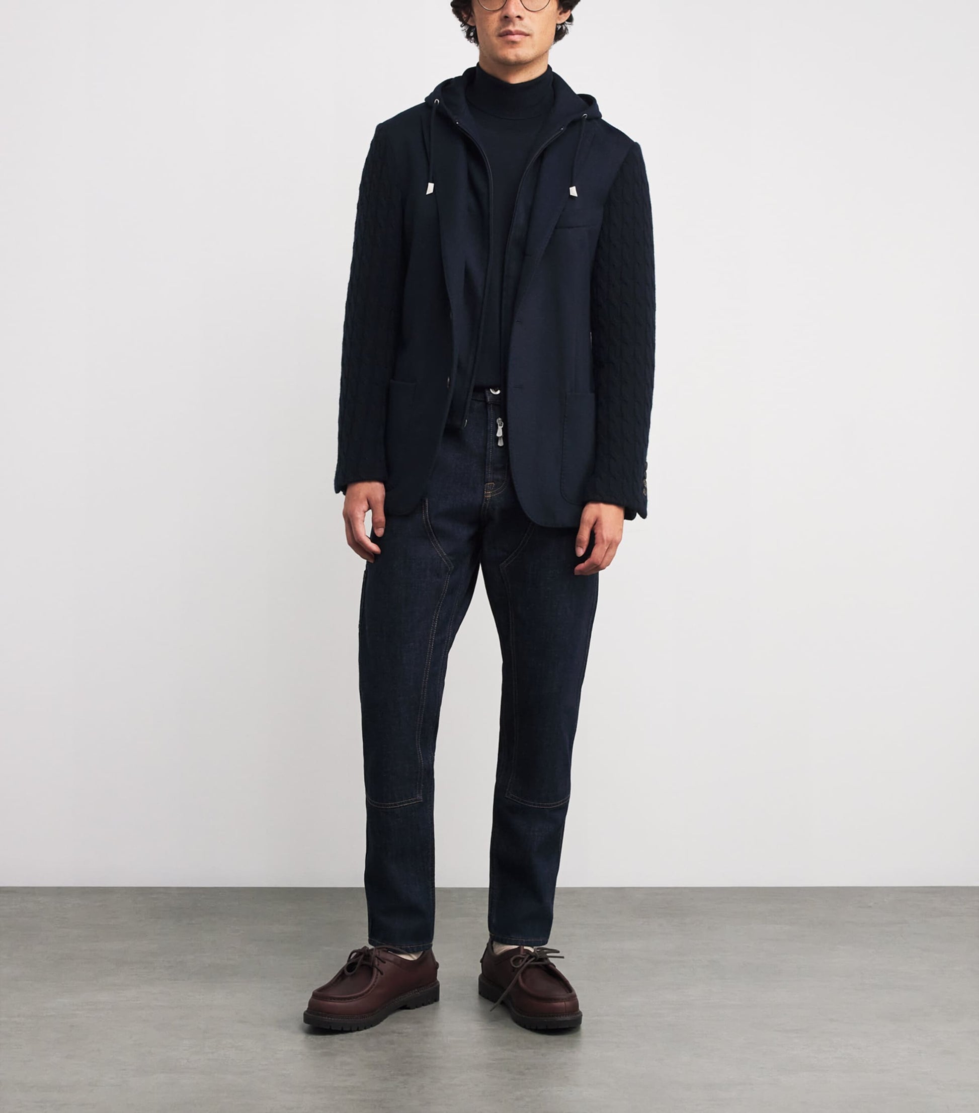 Eleventy Blue Knitted-Sleeve Layered Blazer