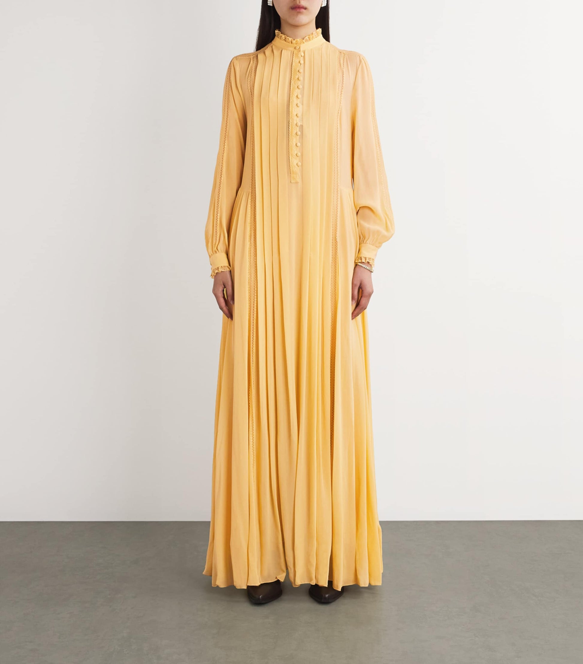 Etro Yellow Silk High-Neck Pleated Gown