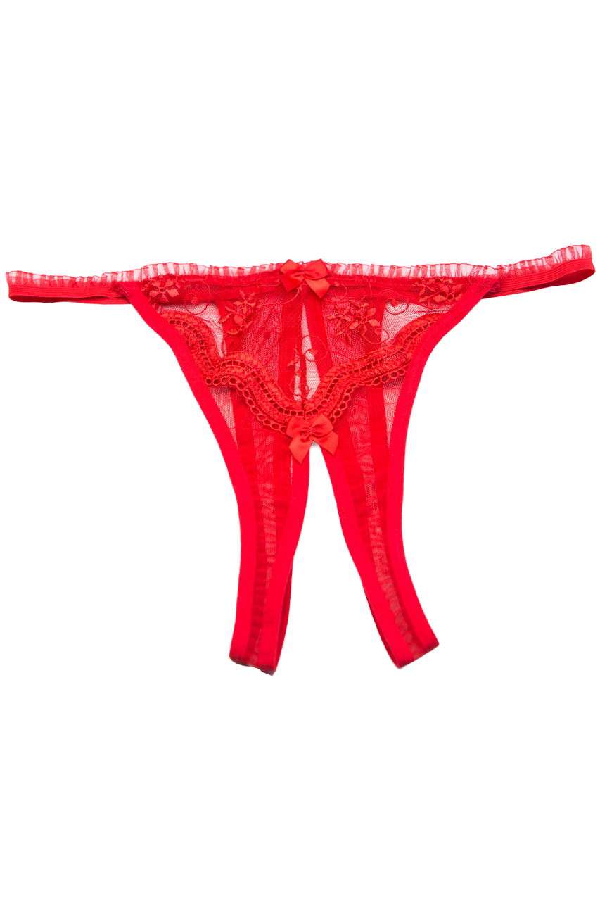 Red Scalloped Embroidery Open Front Thong