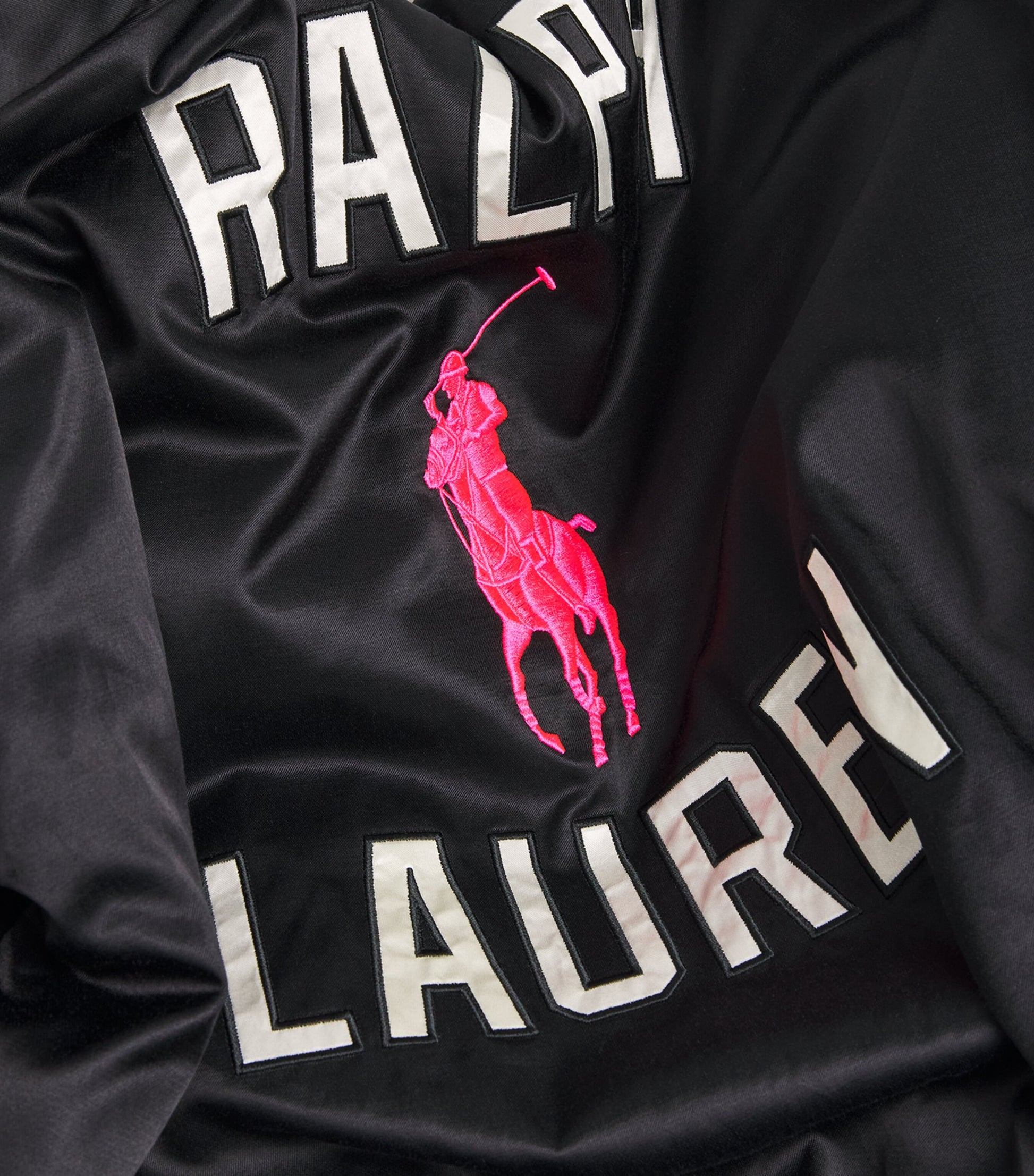 Polo Ralph Lauren Black Satin Pink Pony Baseball Jacket