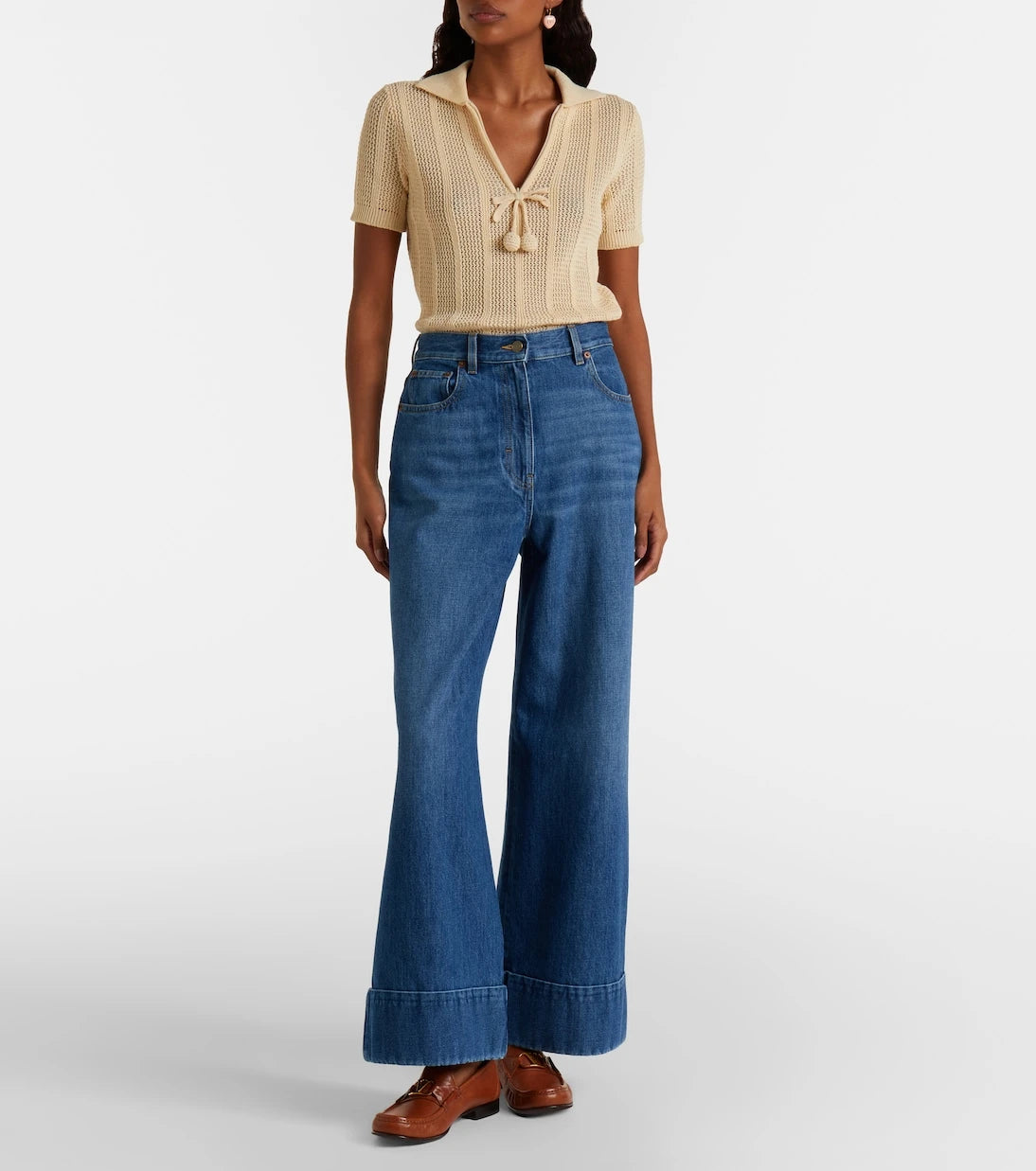 Valentino - Leather-trimmed wide-leg jeans