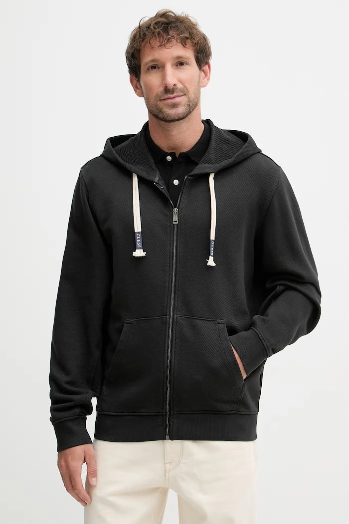 Guess erkek pamuklu kapüşonlu fermuarlı sweatshirt