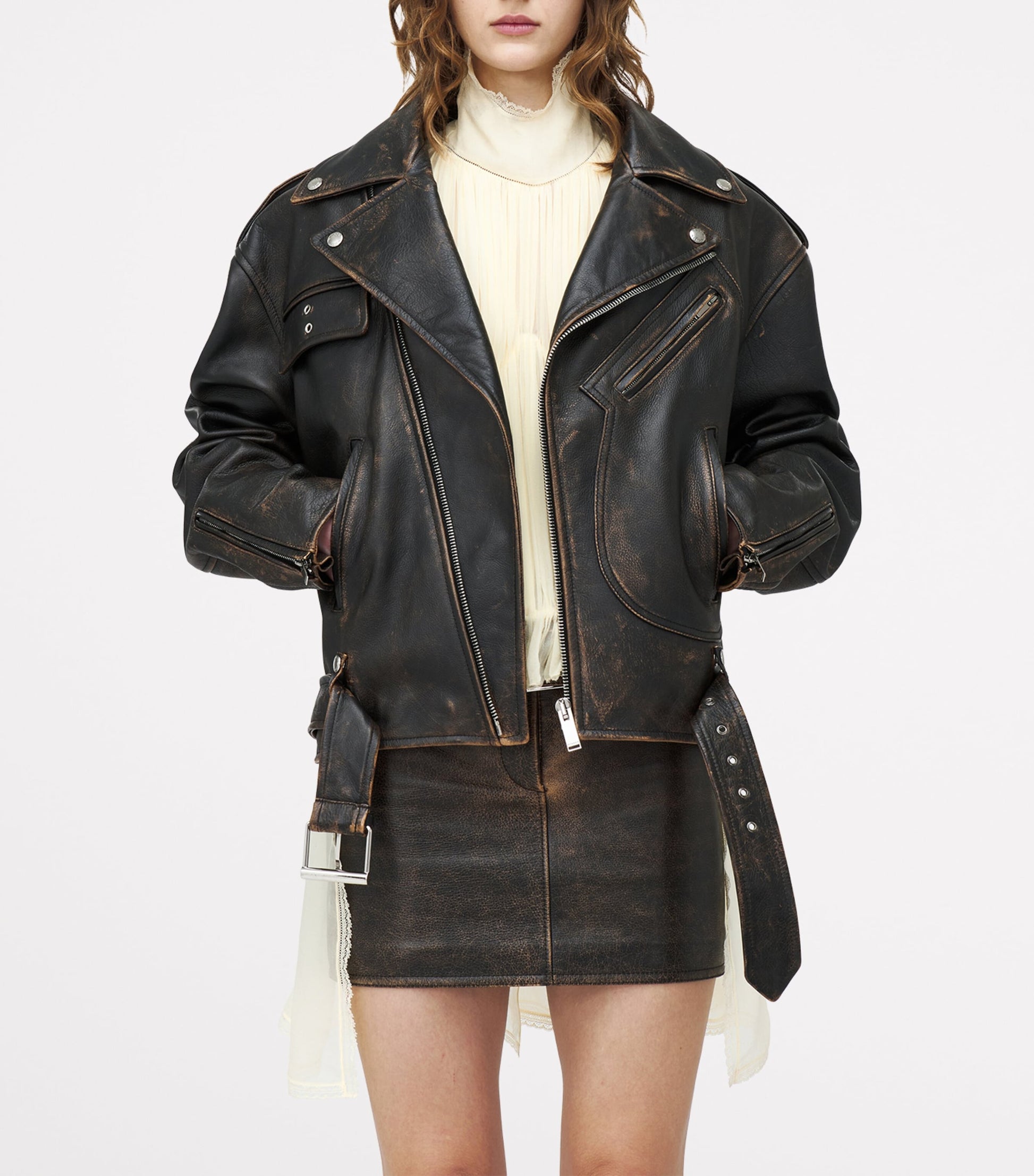 McQueen Brown Oversized Belted Leather Jacket