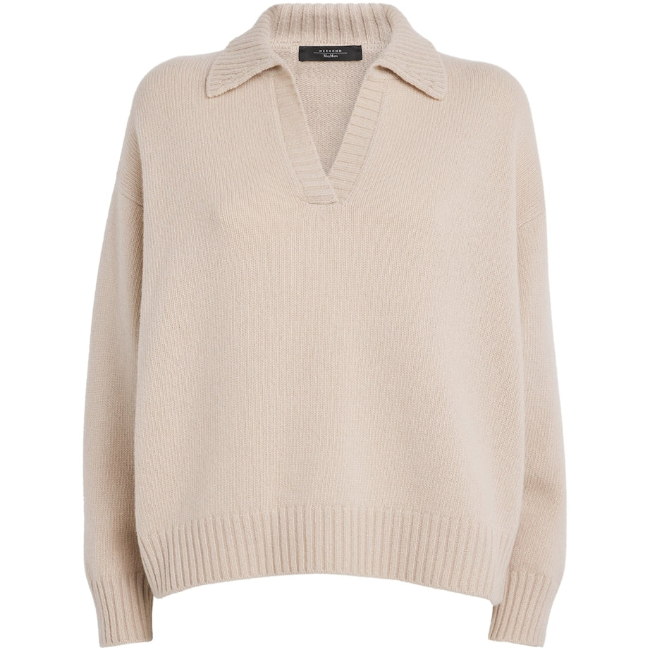 Weekend Max Mara Beige Virgin Wool Open-Collar Sweater