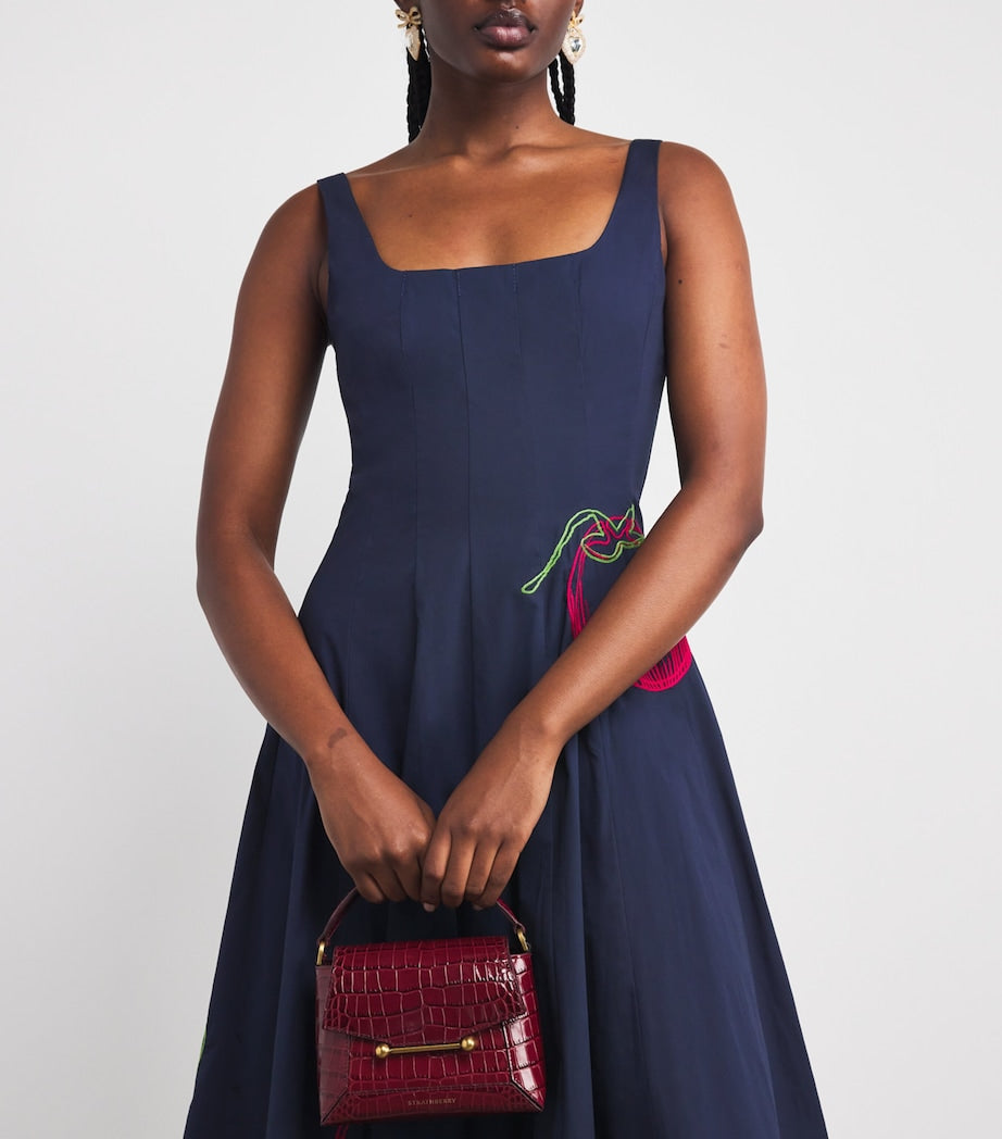 STAUD Navy Tomato-Embroidered Wells Midi Dress