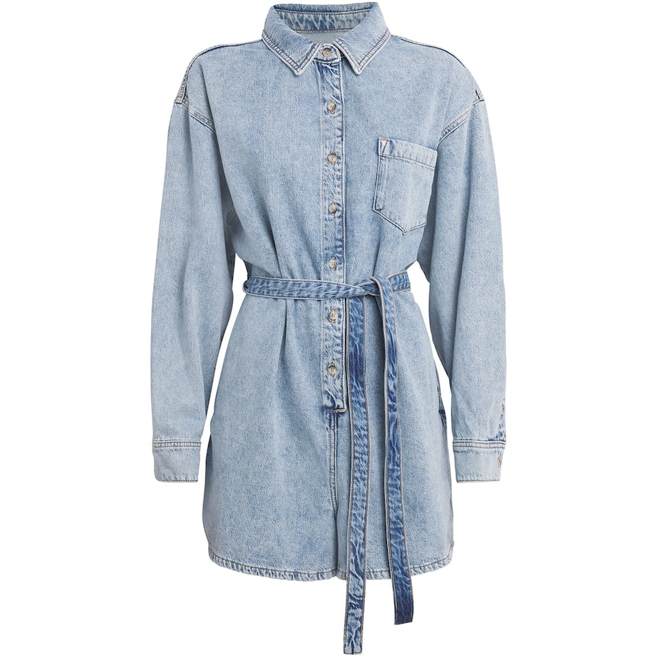 Blue Cotton-Blend Denim Belted Playsuit