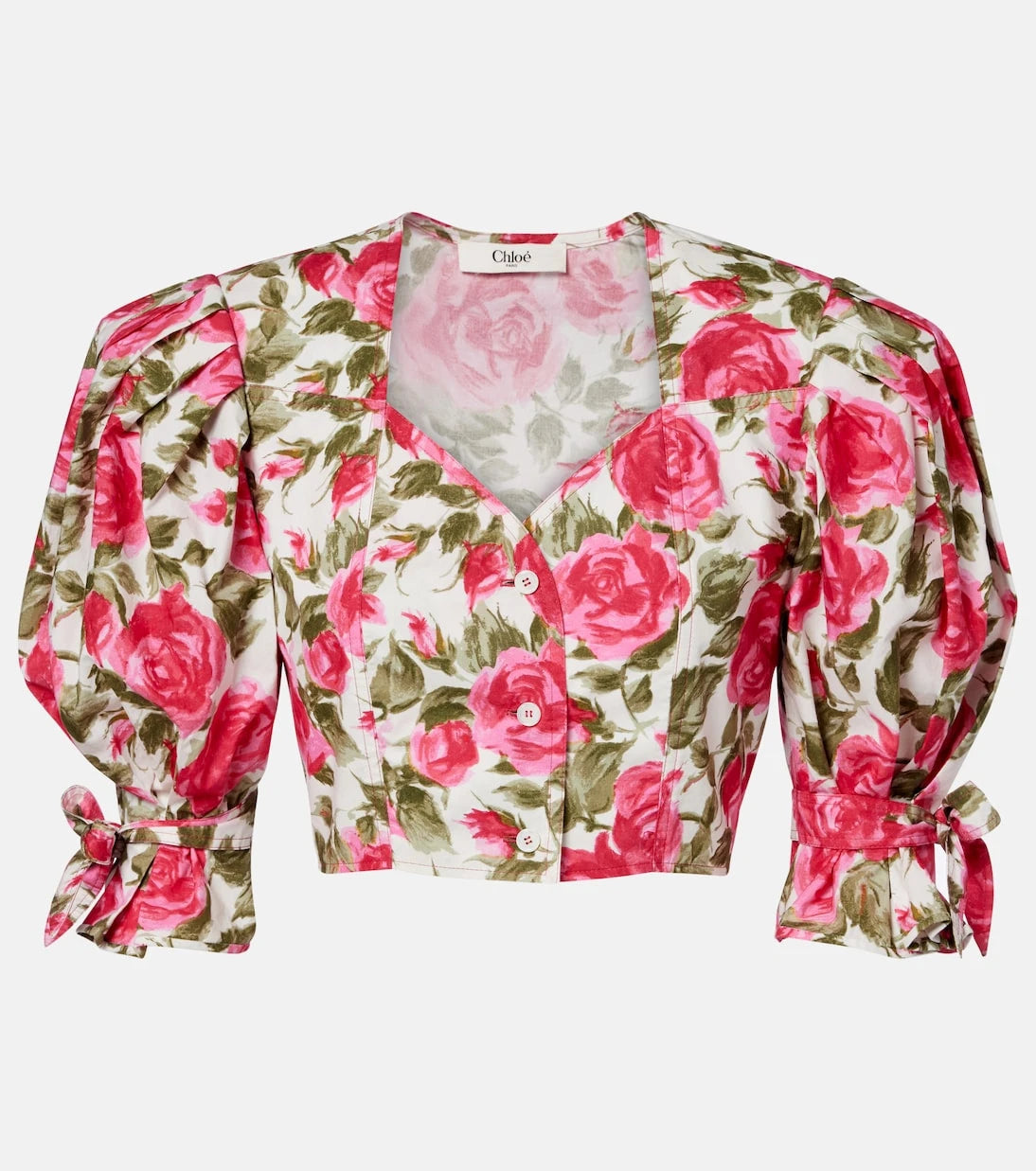 Chloé - Floral cropped puff-sleeve cotton blouse
