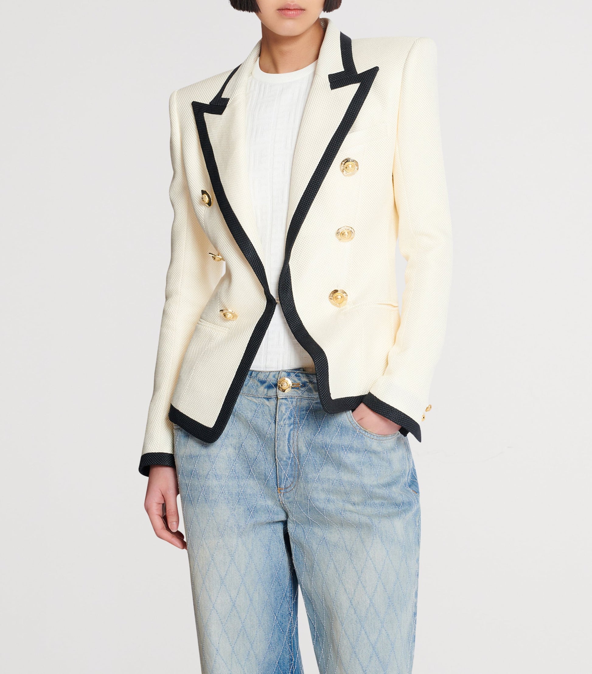 Balmain Beige Basket Weave Bordered Blazer