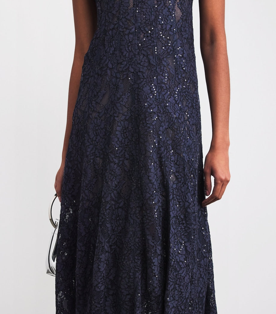 Self-Portrait Navy Sequin-Lace Embellished-Neck Midi Dress