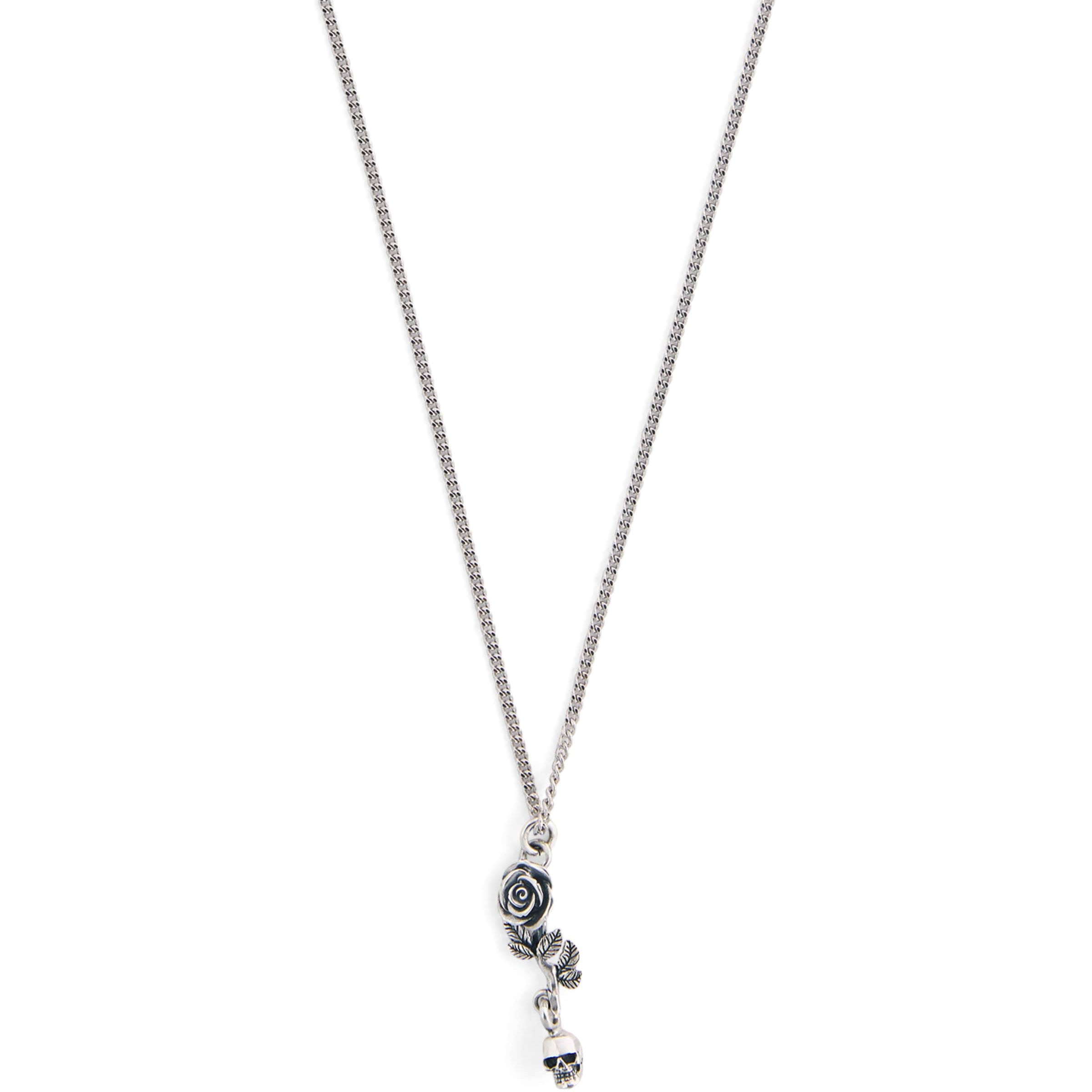 Sterling Silver Rose and Skull Pendant Necklace