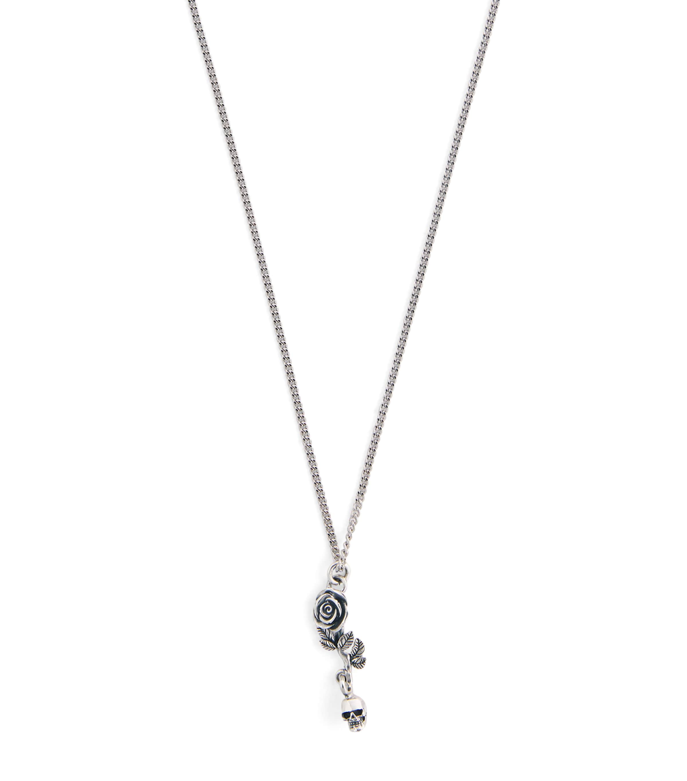 Sterling Silver Rose and Skull Pendant Necklace
