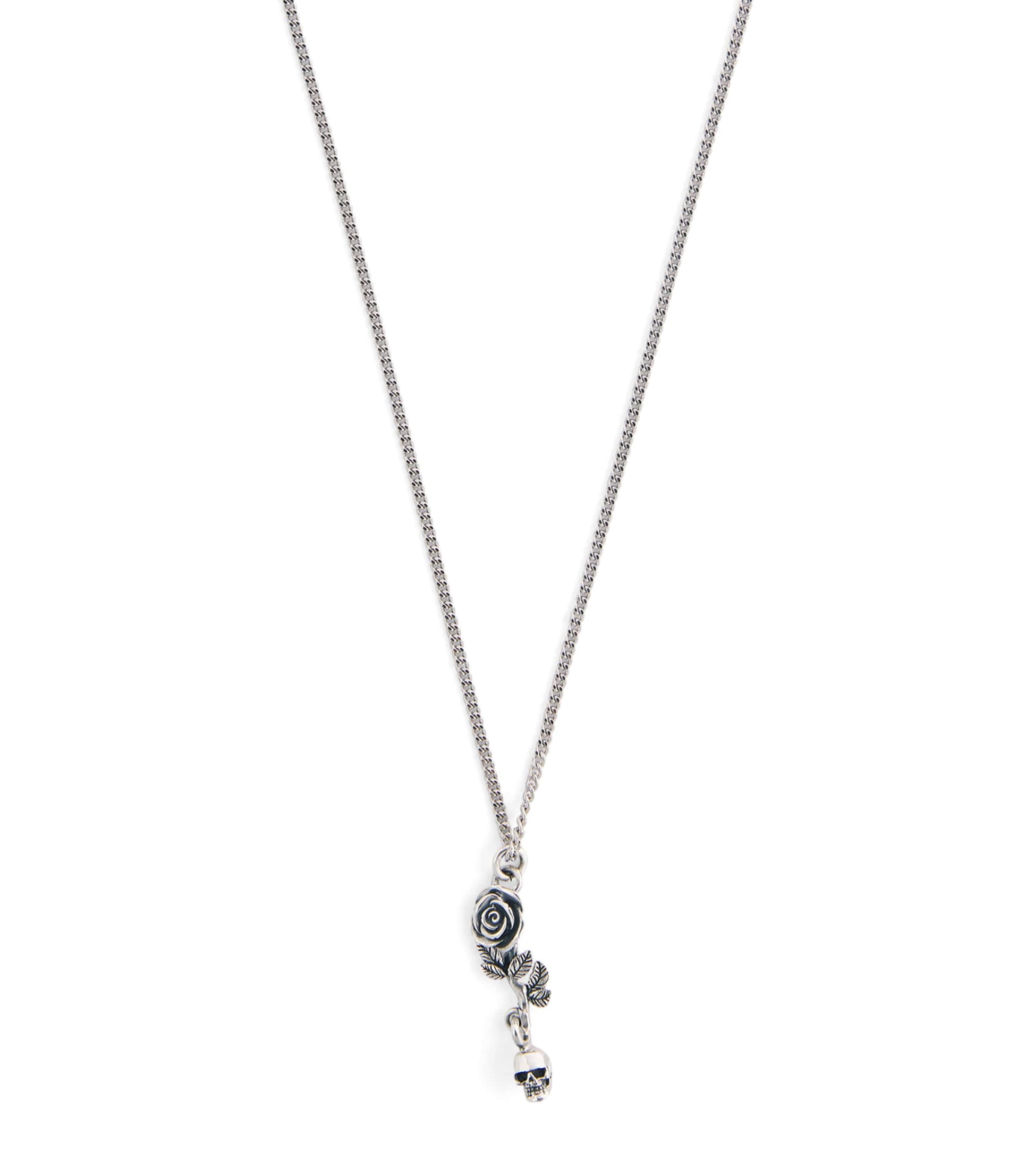 Sterling Silver Rose and Skull Pendant Necklace