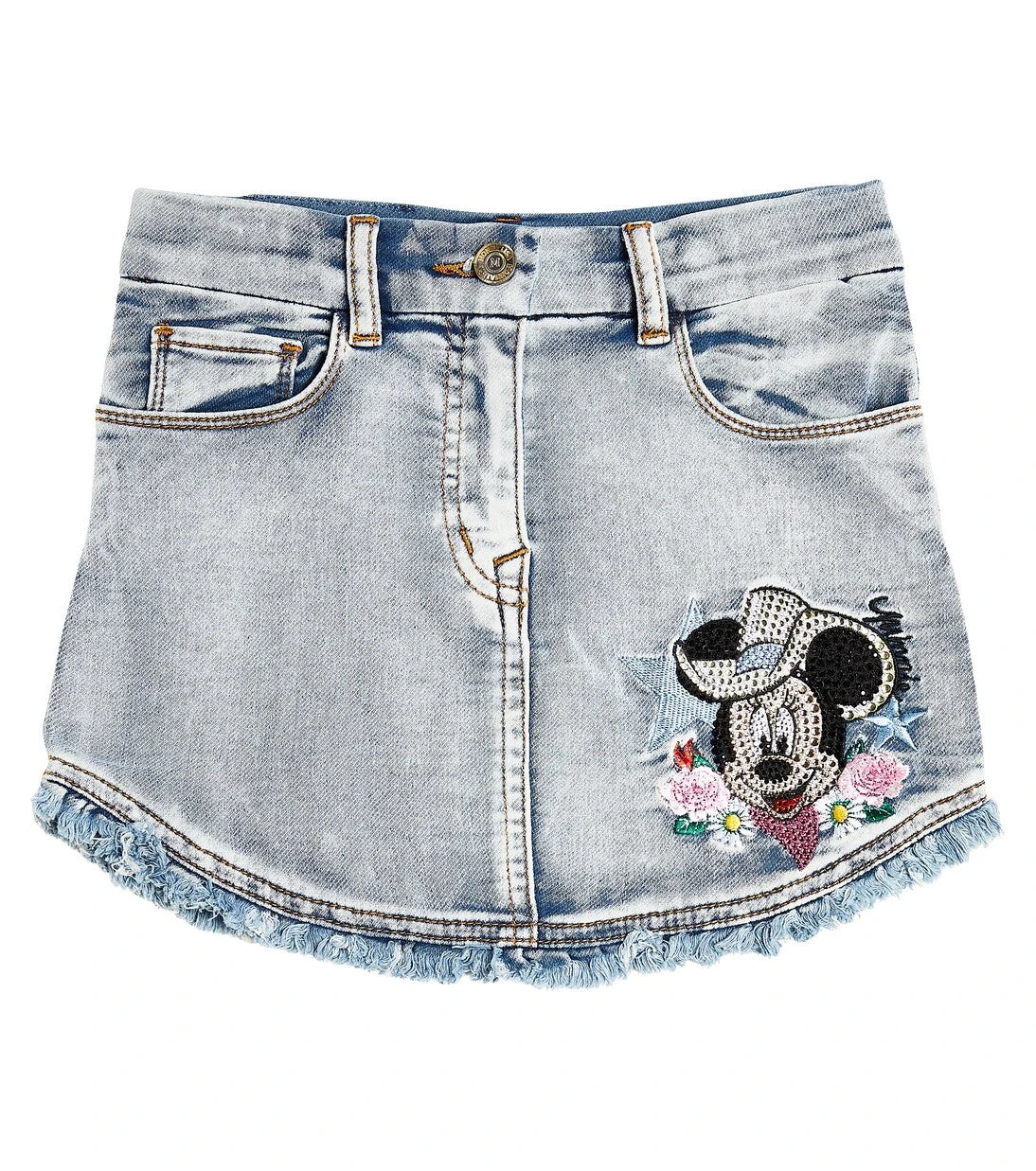 Monnalisa - Embroidered frayed denim skirt